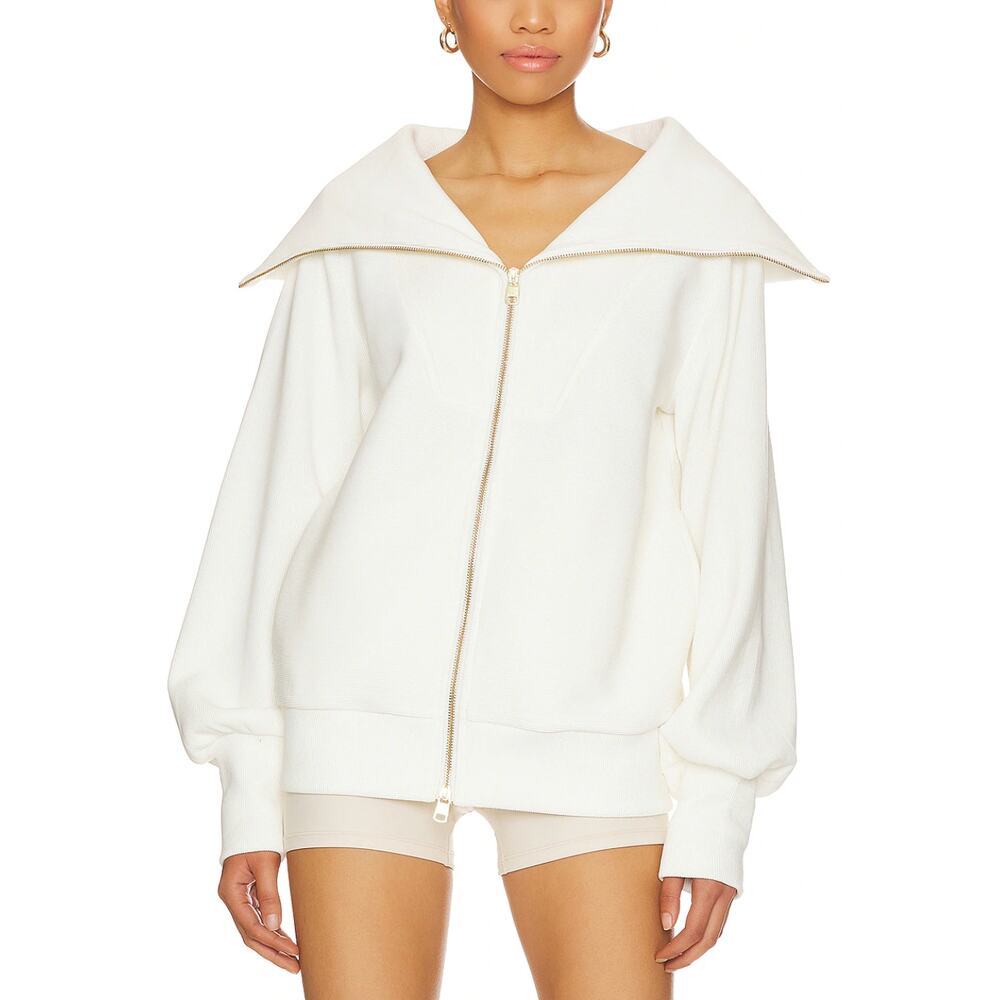 Varley Ells Zip Jacket Cloud Dancer Ivory Ribbed Collar Oversized Sweatshirt L